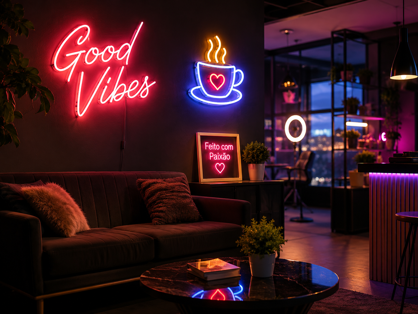 Letreiro LED Good Vibes na Sala