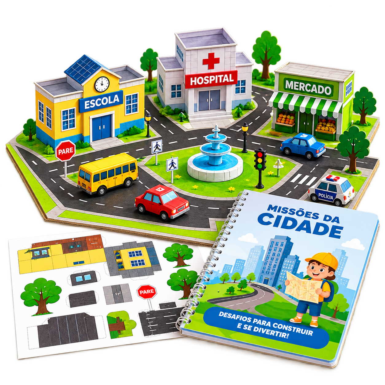 Cidade de papel montada junto com livro educativo
