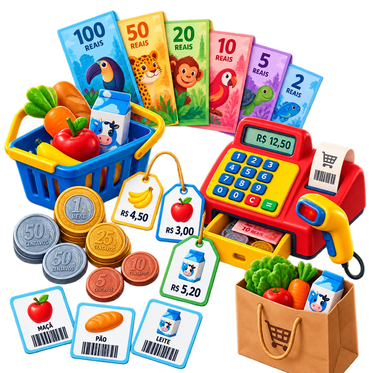 Kit de dinheiro, caixa e produtos