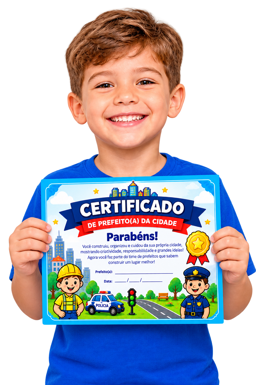 Menino segurando o certificado de prefeito da cidade